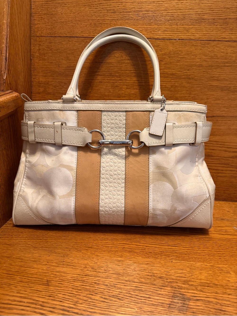 Coach Hampton Optic Signature Carryall Cream & Tan Leather-Trim Satchel Handbag